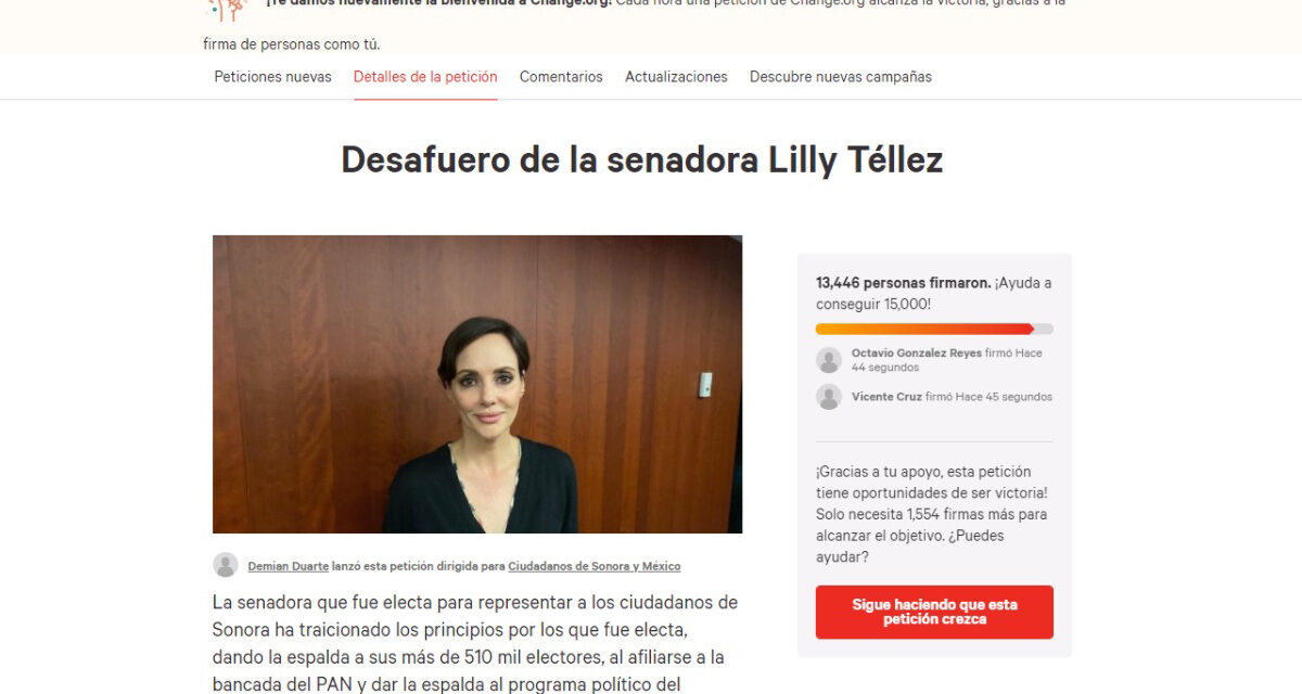 Piden firmas en Change.Org para destituir a la senadora Lily Téllez