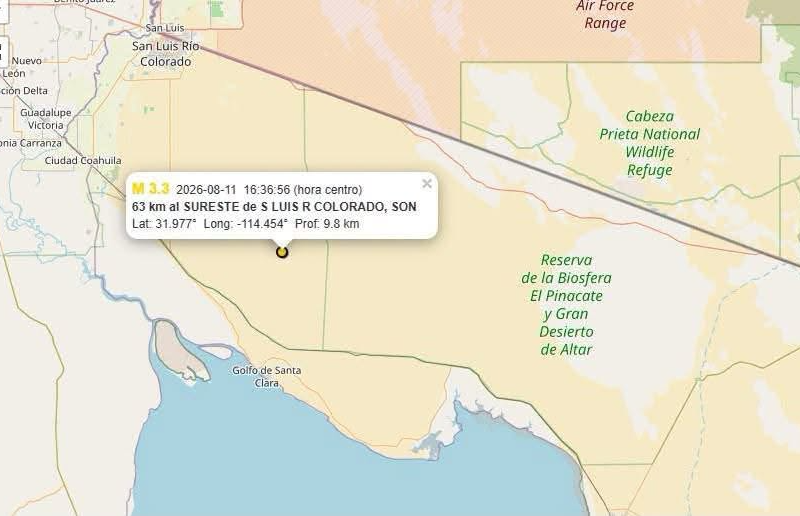 Sismo de 3.3 al sureste de San Luis Río Colorado; sin afectaciones